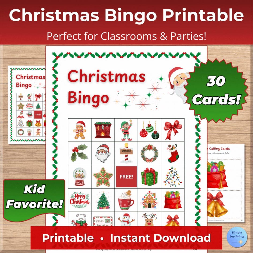 Christmas Bingo Printable for Kids | 30 Cards | Holiday Party Game ...
