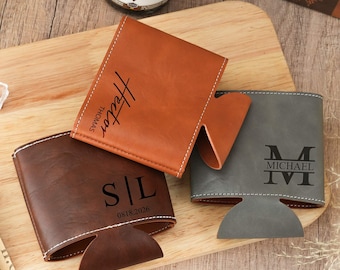 Personalized Leather Beer Can Cooler – Custom Engraved Groomsmen Gift, Insulated Koozie for Wedding Party