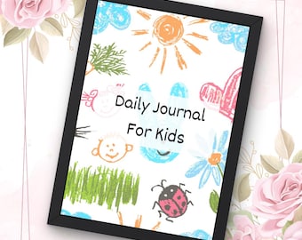 May include: A framed journal for kids with a black border. The journal cover features colorful childlike drawings of a sun, clouds, flowers, and a ladybug. The text "Daily Journal For Kids" is written in black letters.