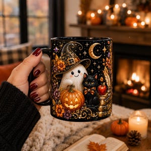 May include: A black ceramic mug featuring a colourful illustration of a white ghost wearing a witch hat, a black cat with a bow tie, a glowing jack-o'-lantern, a red apple, and stacked books, all set against a starry night sky with a crescent moon.