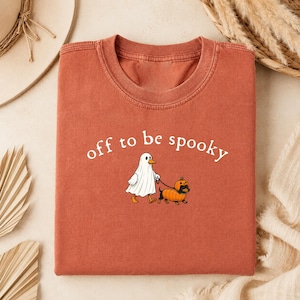 Off to Be Spooky Goose Shirt, Funny Halloween Goose Walking Dog Tee, Goose Holding Coffee Pumpkin Bucket Shirt, Cute Ghost Goose Halloween