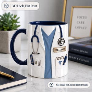 May include: A white ceramic mug with a dark blue handle and interior, featuring a flat print of a doctor's white coat over blue scrubs. It includes a stethoscope, a name tag reading DR. JAMES, a notepad with a caduceus, and medical tools.
