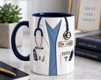 Mug médecin personnalisé, Mug médical avec nom personnalisé, Mug sarrau médecin, Cadeau infirmière praticienne, Mug soins de santé