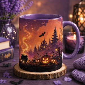 May include: A purple ceramic mug featuring a Halloween-themed illustration of a glowing orange sunset, a dark silhouette of a castle, pine trees, a steaming black cauldron, two jack-o'-lanterns, and a flying bat against a starry night sky.