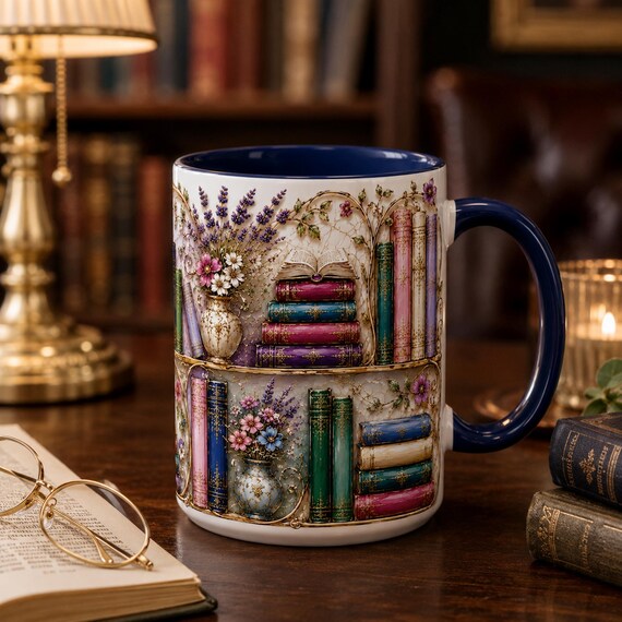 Floral Bookshelf Mug, Stained Glass Inspired Coffee Cup, Book Lover Mug Gift, Reading Teacher Gift, Vintage Bookish Mug