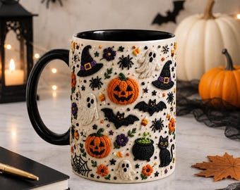 Cute Halloween Mug, Ghost Pumpkin Witch Hat Coffee 2D Mug, Spooky Cute Ceramic Mug, Black Cat Fall Mug, Halloween Gift For Her