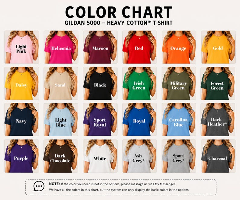 May include: A color chart for Gildan 5000 heavy cotton t-shirts displaying twenty-four different shirt colors in a grid. Each shirt features a label with its specific color name, such as Light Pink, Heliconia, Maroon, Red, Orange, Gold, Daisy, Sand, Black, Irish Green, Military Green, Forest Green, Navy, Light Blue, Sport Royal, Royal, Carolina Blue, Dark Heather, Purple, Dark Chocolate, White, Ash Grey, Sport Grey, and Charcoal.