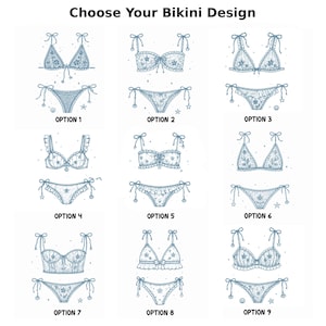 May include: A grid of nine blue line-art illustrations of bikini sets labeled Option 1 through Option 9. Each set features different top and bottom styles with lace details, ties, and small decorative elements like stars and shells. Text reads Choose Your Bikini Design.