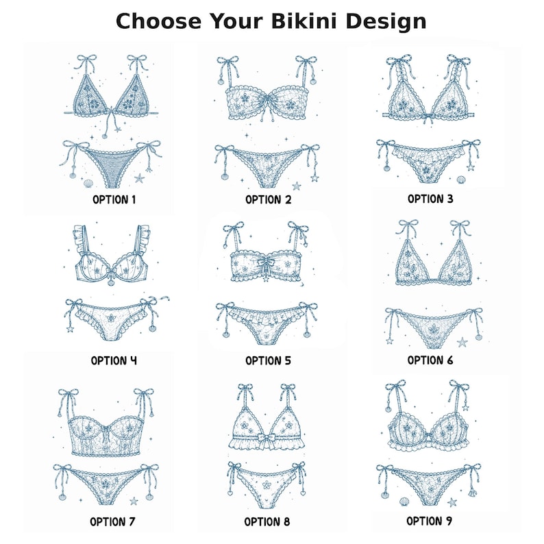 May include: A grid of nine blue line-art illustrations of bikini sets labeled Option 1 through Option 9. Each set features different top and bottom styles with lace details, ties, and small decorative elements like stars and shells. Text reads Choose Your Bikini Design.