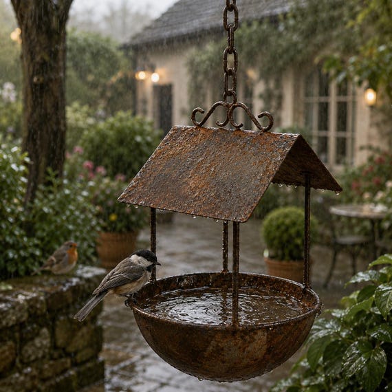 Rustic Hanging Bird Feeder Rusty Metal Bird Bath, Vintage Garden Decor, Weathered Yard Art, Hanging Birdhouse, Gift for Bird Lover