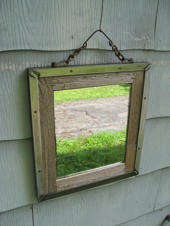 Sold Small Industrial Rustic Barn Wood Metal Trim Mirror Etsy