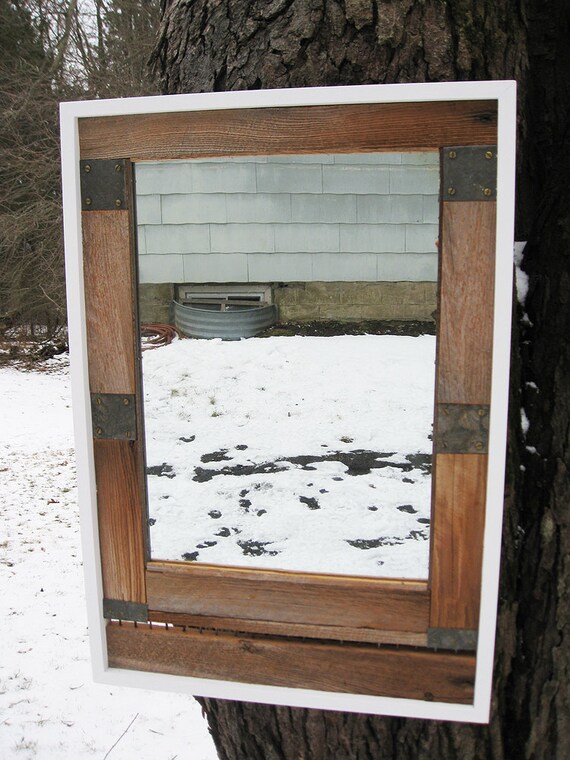 Large Industrial Rustic Barn Wood Mirror White Trim No 28 Etsy