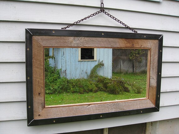 Large Industrial Rustic Barn Wood Metal Trim Mirror No 1815 Etsy