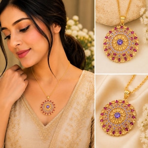 Elegant Amethyst Citrine Ruby Pendant Necklace | 22K Gold Plated Jewelry | Handmade Multi Stone Pendant | Gift for Her | Statement Necklace
