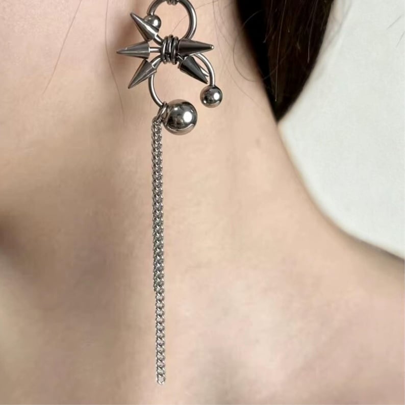 long stainless steel chain earrings – gothic grunge spike design