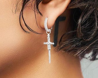 925 Sterling Silver Sword Cross Hoop Earrings – White Zircon Gothic Creole Earrings, Unisex Dark Luxury Jewelry