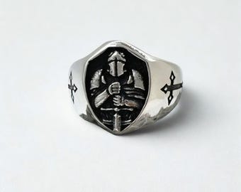 Warrior Cross Ring for Men: Knight Armor Signet Ring, Gothic Stainless Steel Crusader Ring