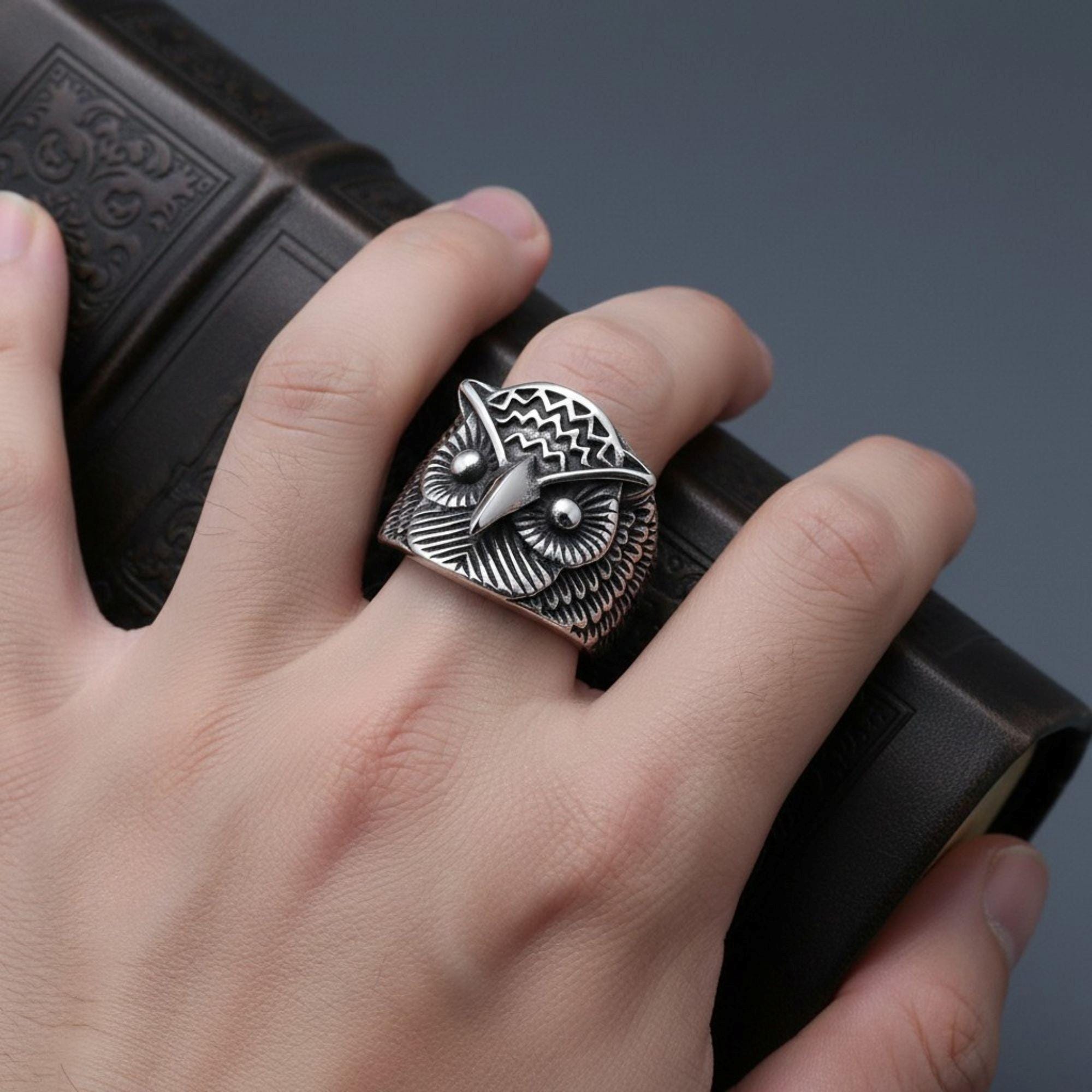 Owl Ring for Men, Stainless Steel Bird Ring, Gothic Statement Ring, Punk Jewelry Gift