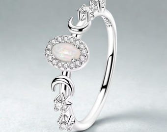 Triple Moon Opal Ring 925 sterlingzilver – Witchcore Celestial Moon Ring, Gothic Star Jewelry, verstelbaar cadeau voor vrouwen