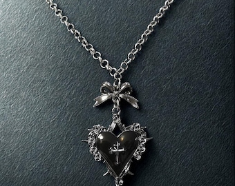 Gothic Heart Cross Pendant Necklace: Witchcore Dark Romantic Bow Chain - Black / Red / Purple