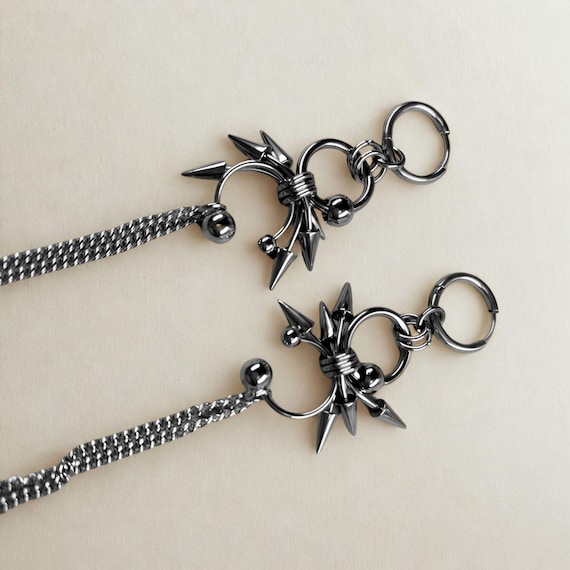 Punk Spike Chainmail Dangle Earrings – Stainless Steel Rivet Earrings for Women, Grunge Gothic Emo Body Piercing Jewelry Gift