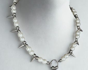 Naszyjnik choker z pereł Spike – łańcuszek ze stali nierdzewnej w stylu gotyckim punk, naszyjnik z nitami z pereł w stylu grunge, biżuteria unisex w stylu gotyckim
