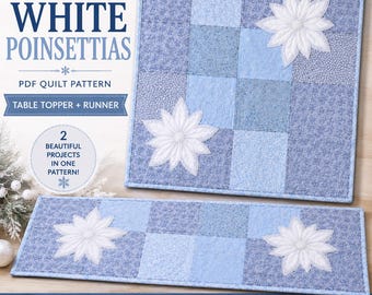 Peut inclure: Un patron de courtepointe PDF intitulé White Poinsettias pour un dessus de table et un chemin de table. L'image montre une courtepointe carrée et un chemin rectangulaire en patchwork bleu avec des appliqués de poinsettias blancs. Dimensions finies : 56 cm x 56 cm et 36 cm x 102 cm.