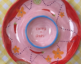 Hand Painted Chips & Dip Platter | Colorful Mexican Style Serving Dish | Ceramic Snack Plate with Dip Bowl | Unique Party Serveware