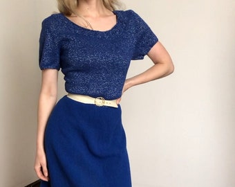 vintage 1950s blue knit dress {L}