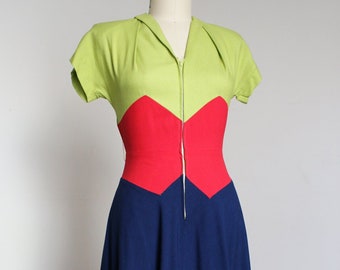 20 % OFF SALE // vintage 1940s tri-tone novelty front zip dress {s}
