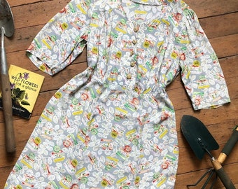 20 % OFF SALE // vintage 1940s novelty flower cart gardening dress {L}