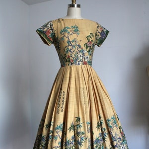 vintage 1950s Millworth Lute Song botanical bamboo dress {xs}