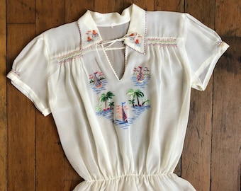 vintage 1940s embroidered sailboat blouse {M}