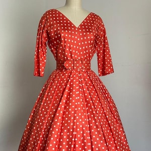 vintage 1950s orange silk polka dot dress {s}