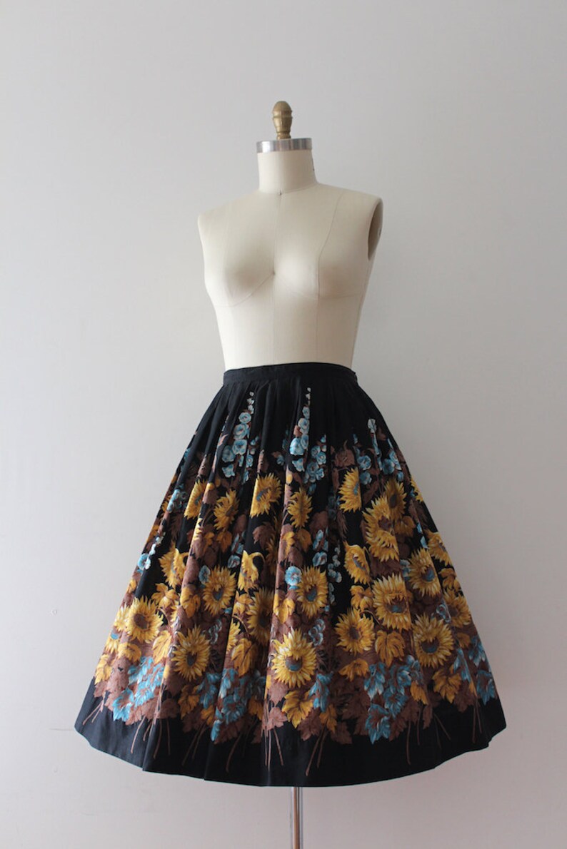 RARE 1950s novelty skirt // 50s Sunflower border print skirt Etsy
