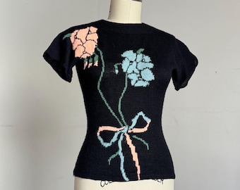 vintage top dzianinowy z kwiatowym wzorem z lat 40. {XS-L}