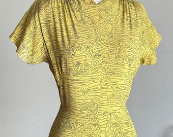 vintage 1940s novelty sailboats and scenery rayon dress {xs}