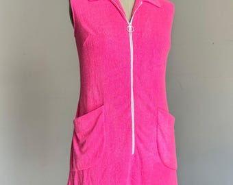 Vestido playero mini vintage de felpa rosa de los años 60 (m-l)