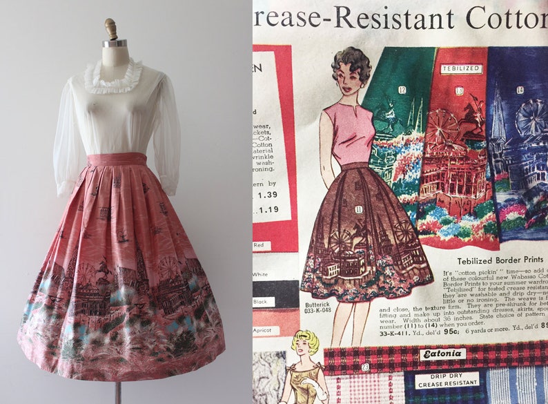RARE 1950s novelty skirt // 50s border print Vienna Ferris Etsy