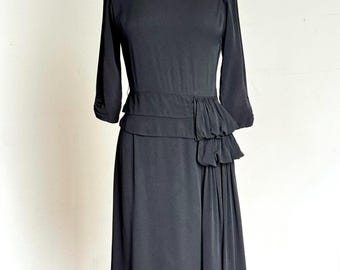 vintage 1940s black rayon dress {m} sarong hip peplum waist