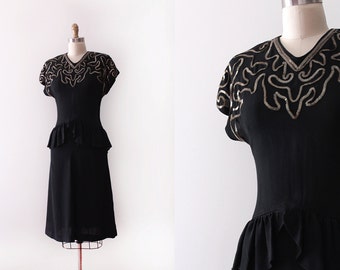 vintage 1940s dress // 40s black crepe sequin evening dress