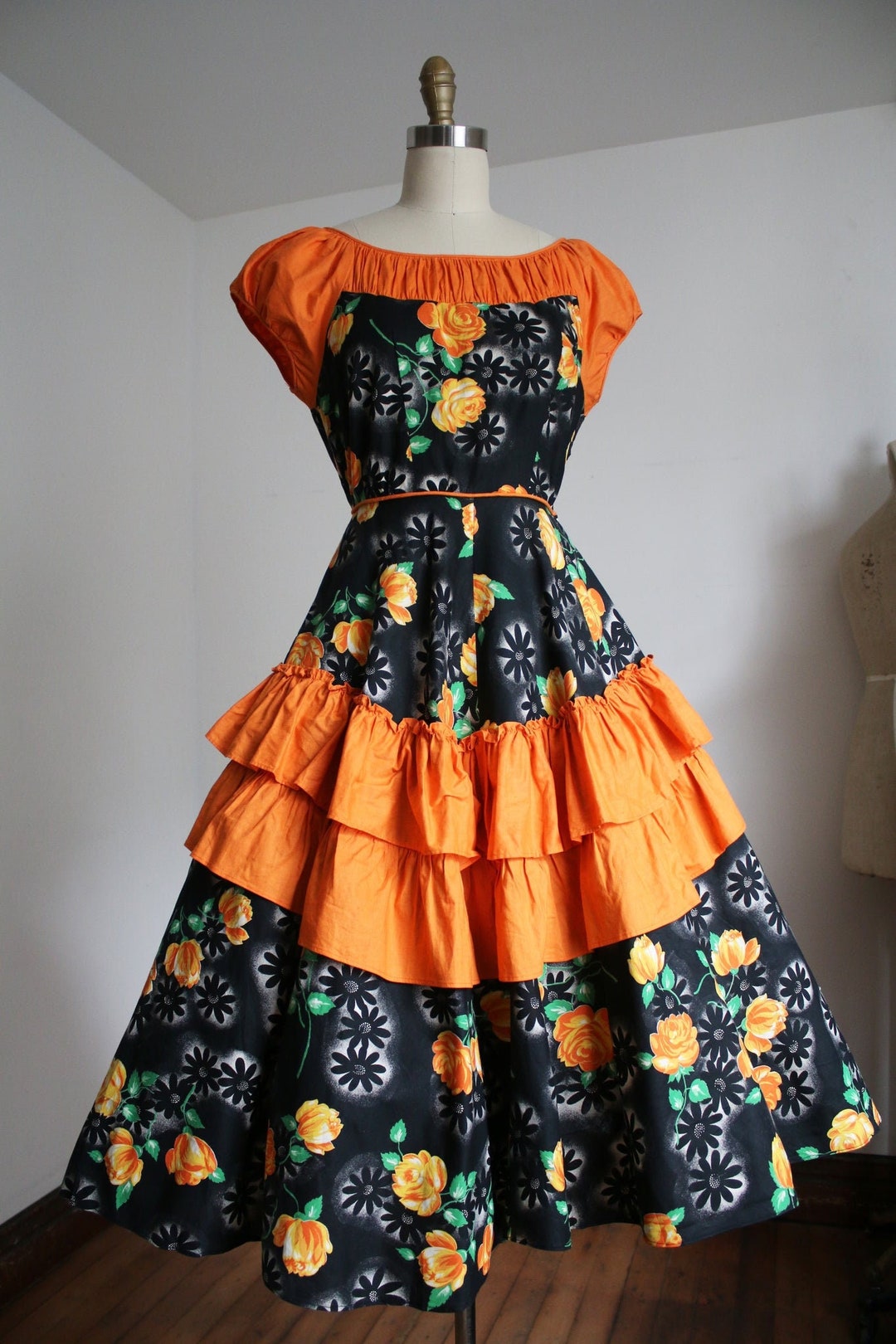 Vintage 1950s Brown Large Scale Floral Print Dress | L/XL