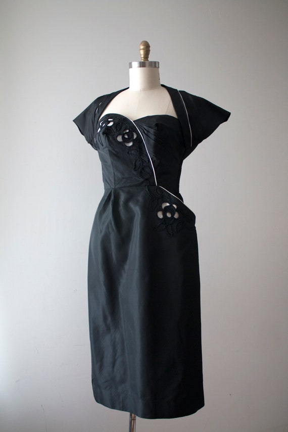 vintage 1950s black strapless dress and jacket set