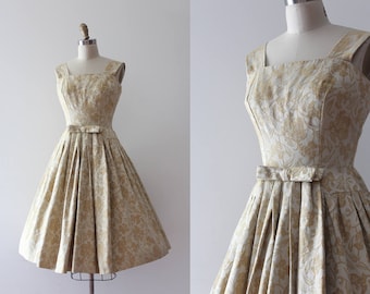 vintage 1950s Suzy Perette dress // 50s gold brocade evening dress