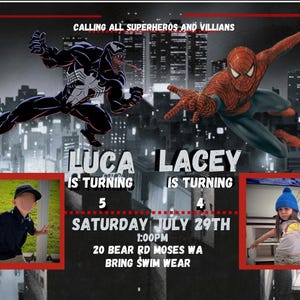 Puede incluir: Una invitación a una fiesta con ilustraciones de Venom y Spider-Man sobre un fondo de paisaje urbano. La invitación incluye el texto "Calling All Superheros and Villians", nombres, edades, fecha, hora, lugar y una solicitud para traer traje de baño.