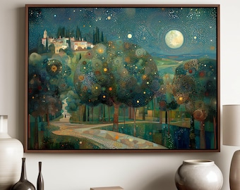 Quadro em tela grande inspirado em Gustav Klimt | Impressão artística para parede "Noite na Aldeia"