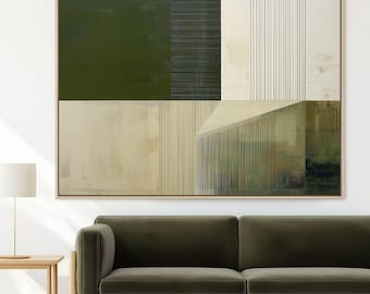 Large Green Abstract Art Mid Century Modern Home | Abstract Framed Canvas Wall Art Print on Canvas