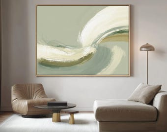 Sage Green Japandi Canvas Print Abstract Painting | Large Wall Art for Living Room