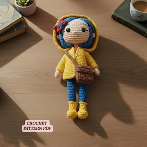 May include: A handmade crochet doll with blue hair, wearing a yellow coat, blue pants, and yellow boots. The doll has a small brown purse and a red bow. The text "CROCHET PATTERN PDF" is in a white box.