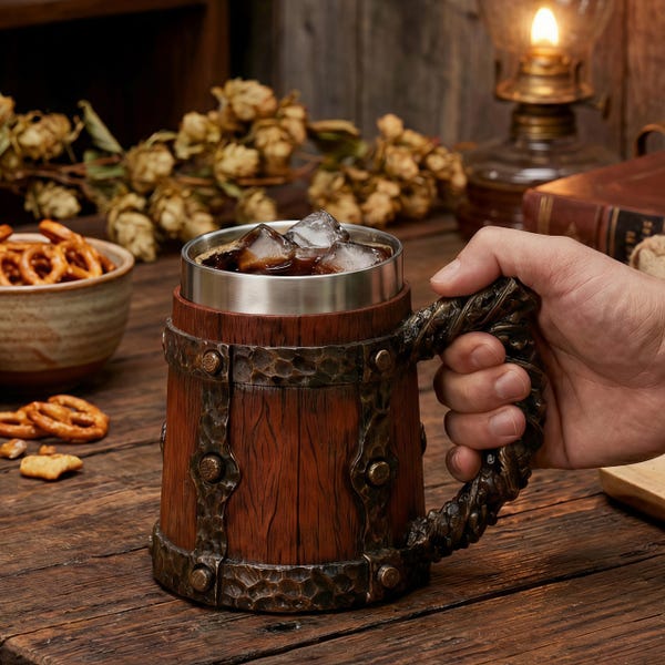 Rustic Wood Style Beer Mug, 600ml Stainless Steel Stein, Antique Root Handle Tankard, Groomsmen Proposal Gift, Renaissance Fair,Viking Decor